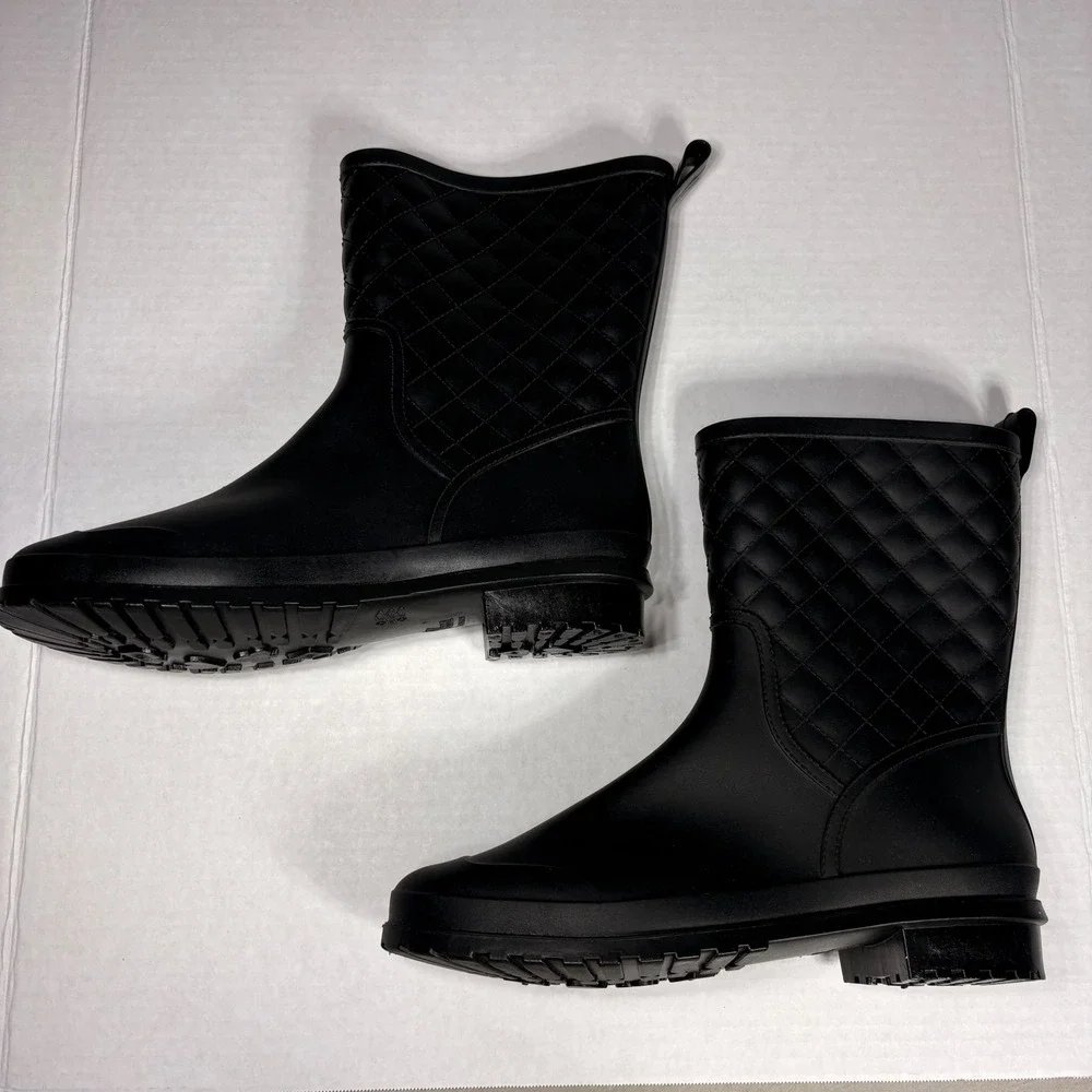 Black Quilted Rubber Rain Boots Mid Calf Waterproof Lug Sole Matte Size 41 913
